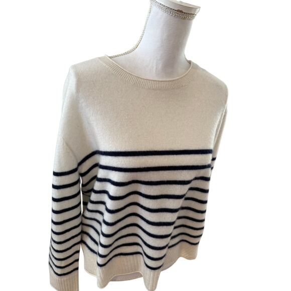Rachel Zoe Nautical Stripe Cashmere Crewneck Sweater Cream Blue L - Picture 3 of 5